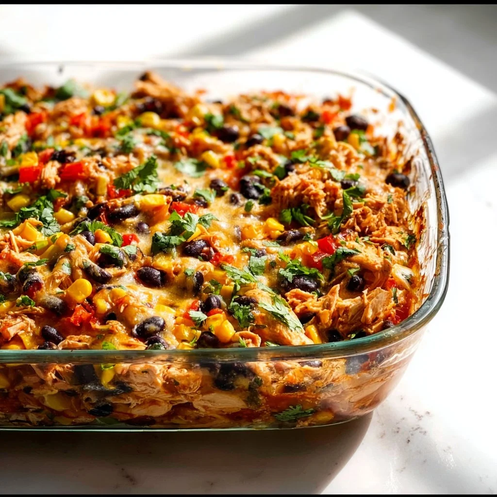 Delicious chicken burrito casserole served in a baking dish with fresh toppings
