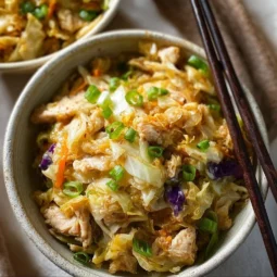 Egg Roll Bowls with Chicken and Cabbage 3 Delicious egg roll bowls with chicken and cabbage served in a bowl