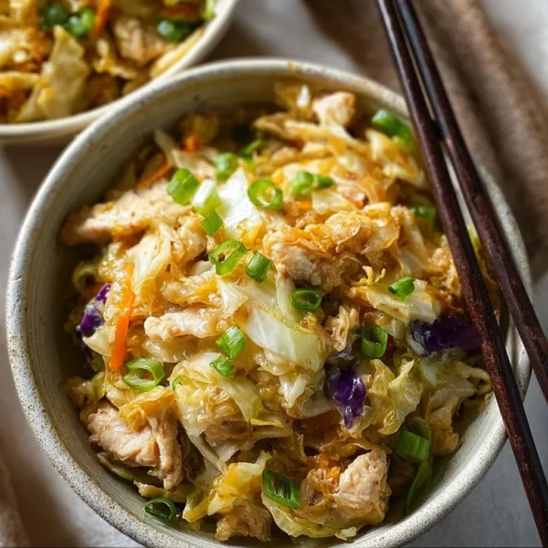 Egg Roll Bowls with Chicken and Cabbage 1 Delicious egg roll bowls with chicken and cabbage served in a bowl