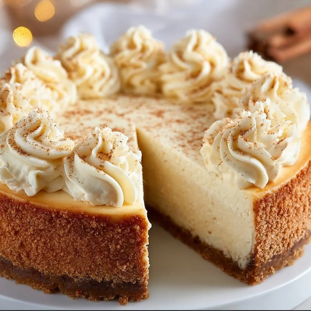 Slice of Eggnog Cheesecake topped with whipped cream and nutmeg