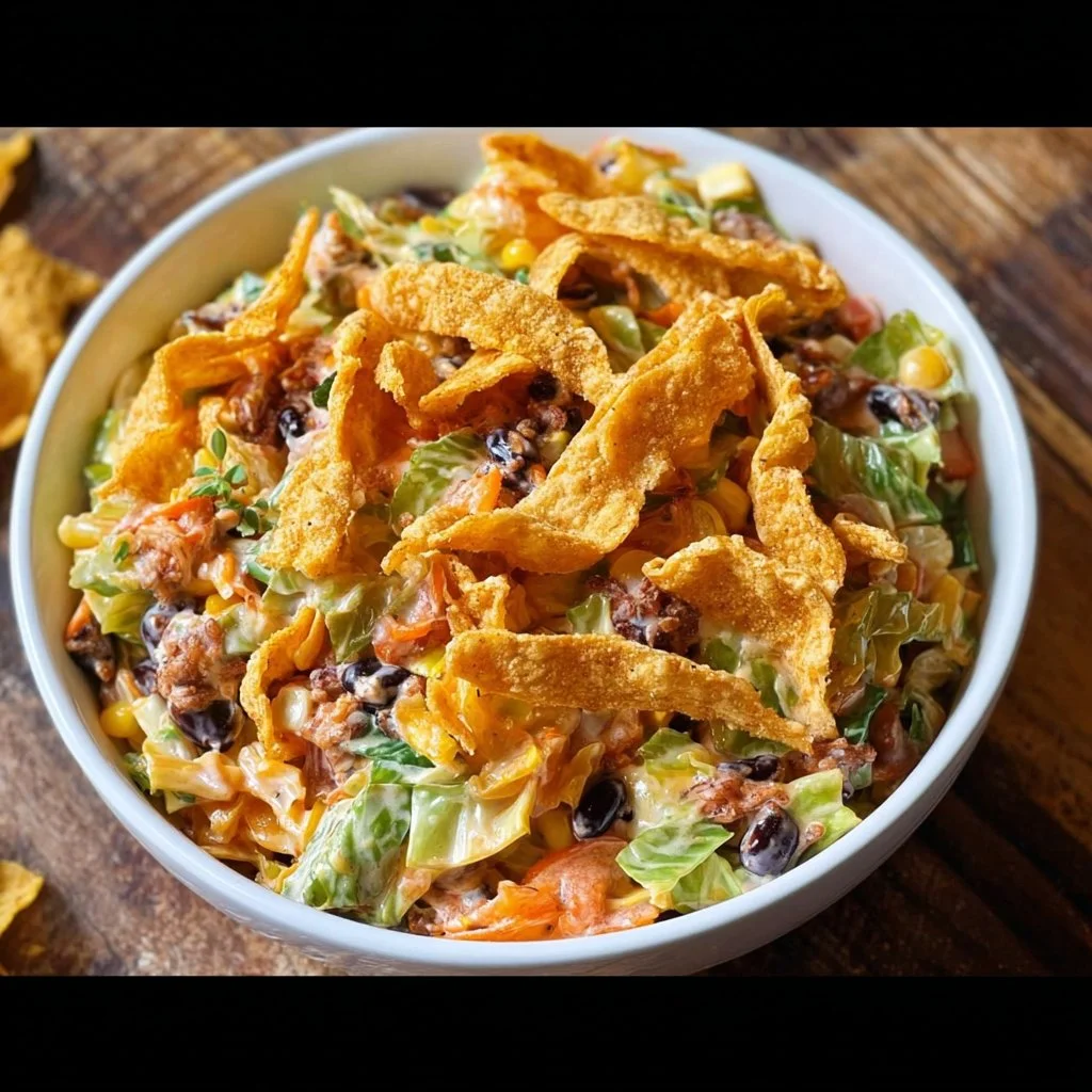 Delicious Frito Cowboy Cabbage served in a bowl with Fritos on top