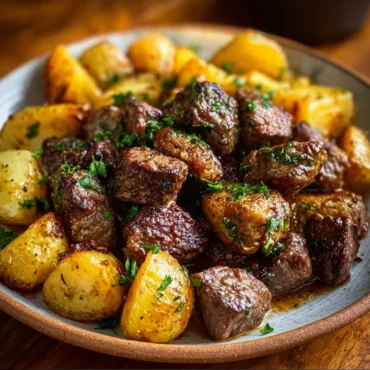 Delicious Garlic Butter Beef Bites served with golden potatoes