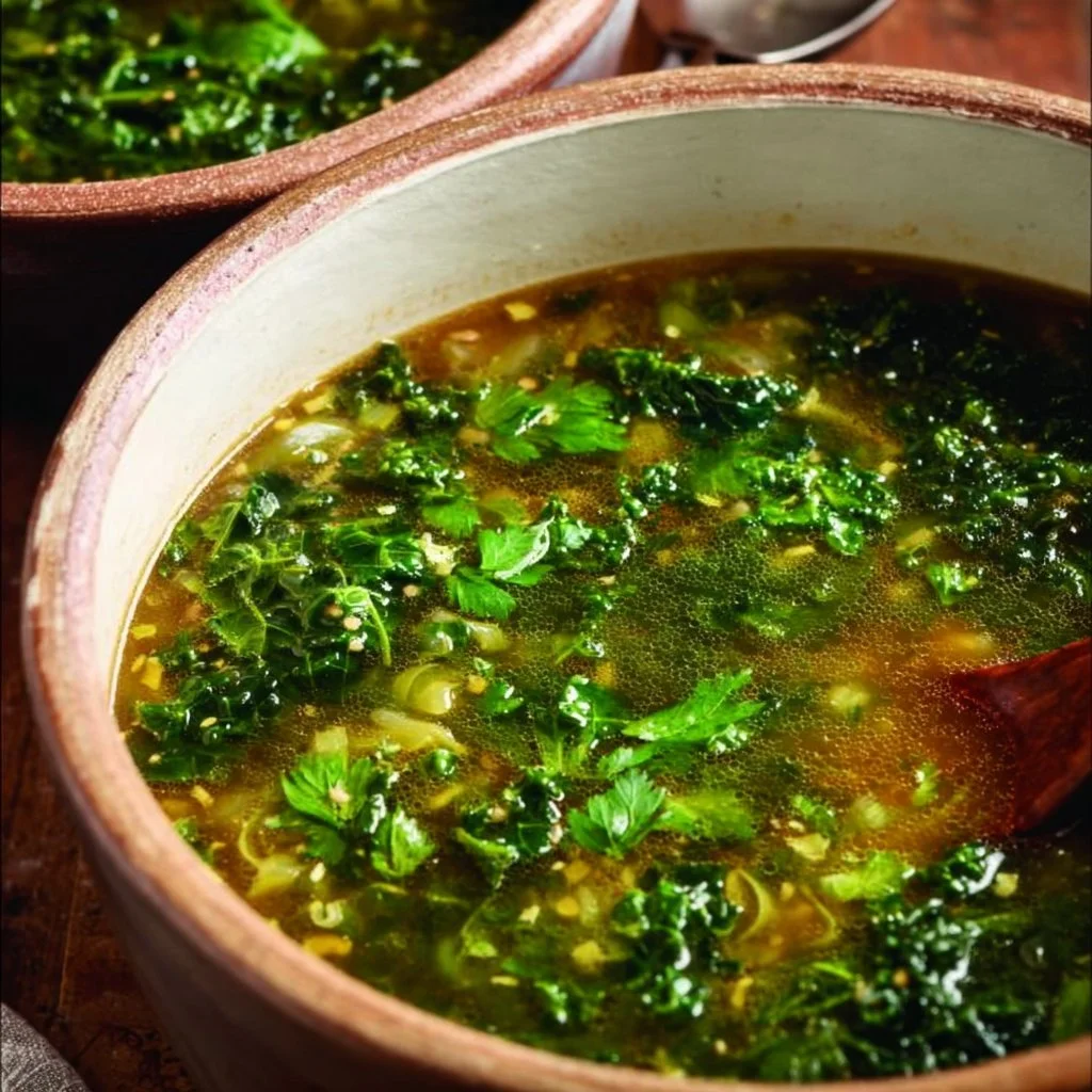Bowl of homemade Get Well Soup full of vegetables and herbs for recovery.
