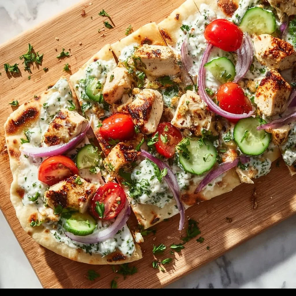 Delicious Greek Chicken Flatbread topped with fresh veggies and herbs