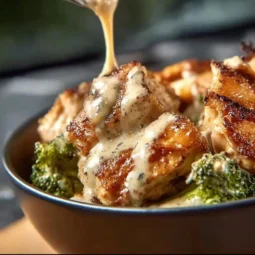 Grilled chicken and broccoli bowls topped with creamy garlic sauce