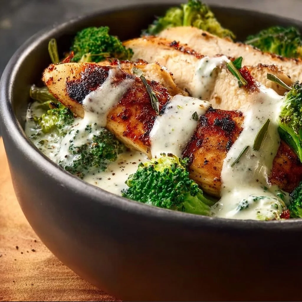 Grilled Chicken & Broccoli Bowls with Creamy Garlic Sauce Recipe