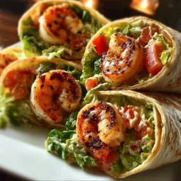 Grilled shrimp Caesar wraps filled with romaine and creamy dressing