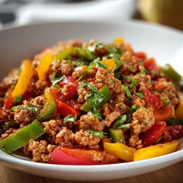 Ground Turkey and Peppers 4 Ground turkey cooked with colorful bell peppers for a healthy meal.