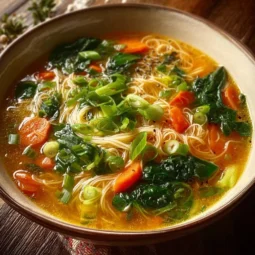 Healing Ginger Garlic Broth with Rice Noodles 4 Bowl of healing Ginger Garlic Broth with Rice Noodles topped with fresh herbs