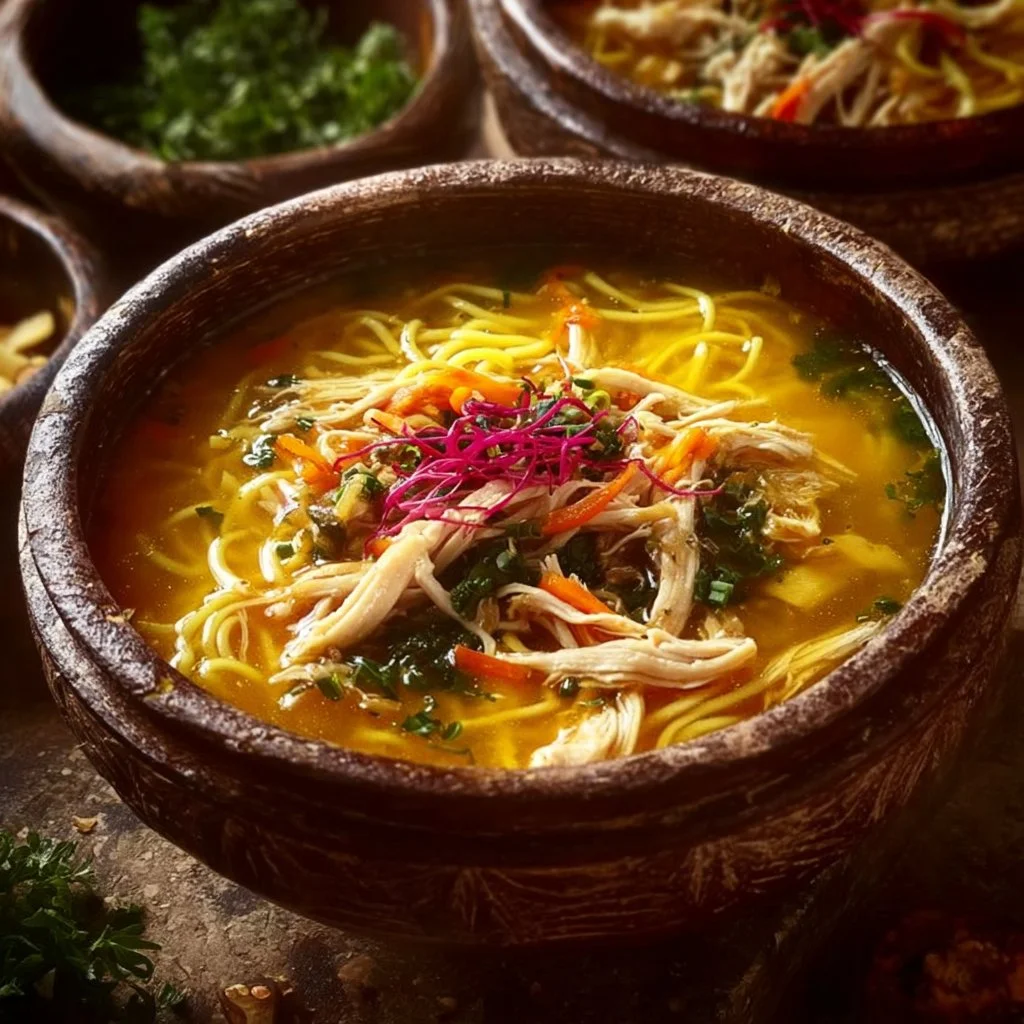 Bowl of Healing Ginger Garlic Chicken Noodle Soup with fresh ingredients