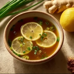 Healing Miso-Ginger Lemon Detox Broth in a bowl with fresh ingredients