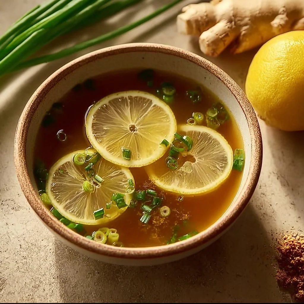 Healing Miso-Ginger Lemon Detox Broth in a bowl with fresh ingredients