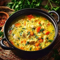 Bowl of healthy chicken soup with vegetables and herbs