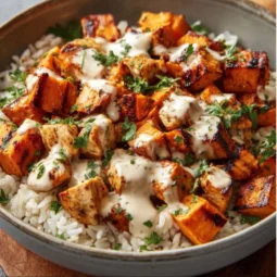 Healthy chicken rice bowl with sweet potatoes and vegetables