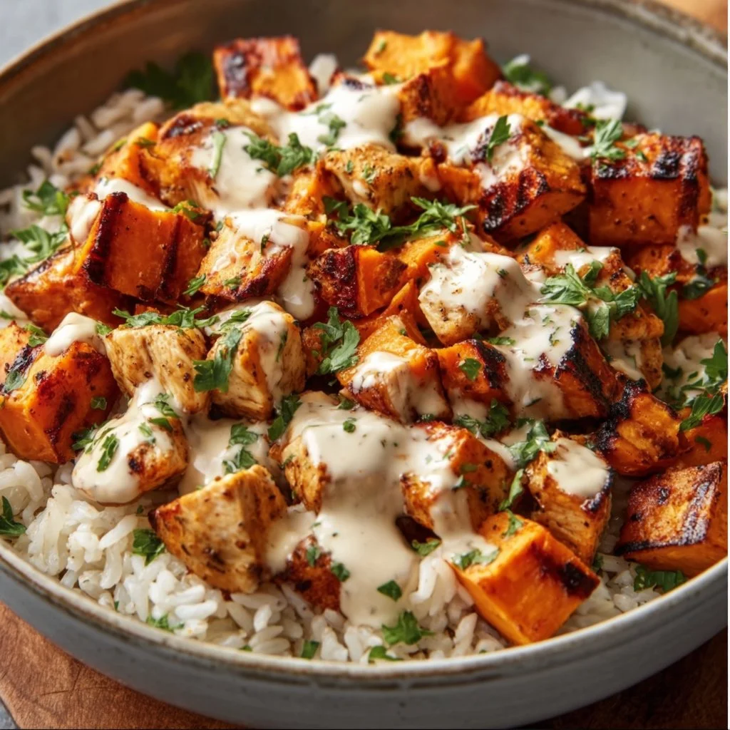 Healthy chicken rice bowl with sweet potatoes and vegetables