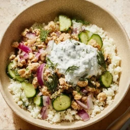 Healthy Greek Ground Chicken Bowls with fresh vegetables and herbs