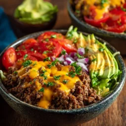 High-protein cheeseburger bowl with ground beef and burger sauce