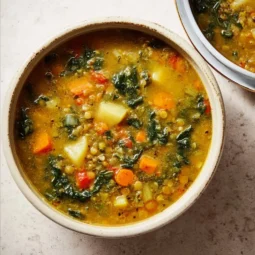 Bowl of immune boosting soup rich in vegetables and herbs for health benefits.