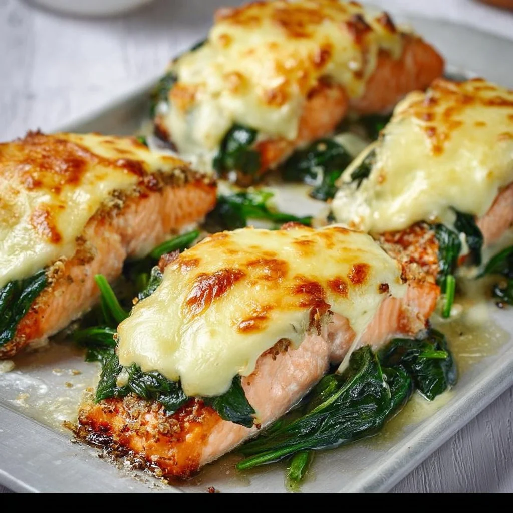 Irresistible Baked Salmon with Spinach and Mozzarella Bliss 1 Delicious baked salmon with spinach and mozzarella served on a plate