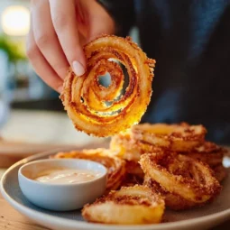 Crispy low-carb baked onion rings served on a plate with dipping sauce