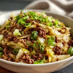 Plate of low-carb Mongolian Ground Beef with cabbage garnished with green onions.
