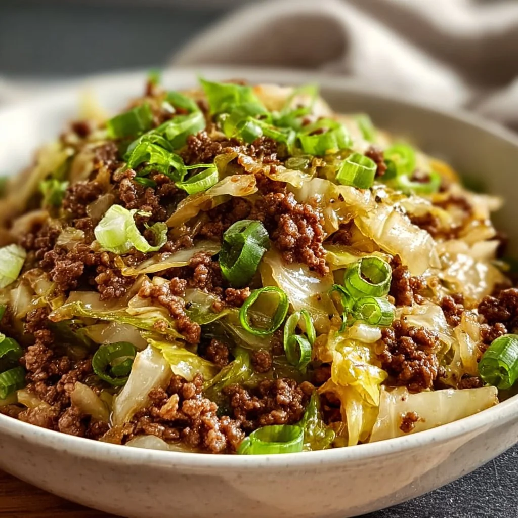 Plate of low-carb Mongolian Ground Beef with cabbage garnished with green onions.