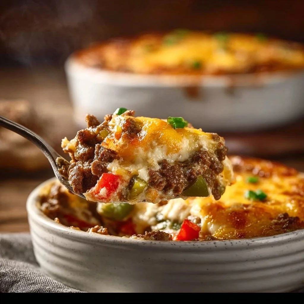 Low Carb Philly Cheesesteak Casserole topped with melted cheese and peppers