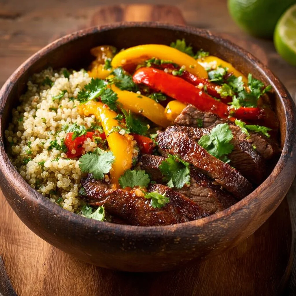 Low carb steak fajita bowl with colorful veggies and steak slices