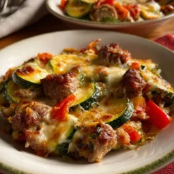Low carb zucchini and sausage casserole ready to serve in a baking dish