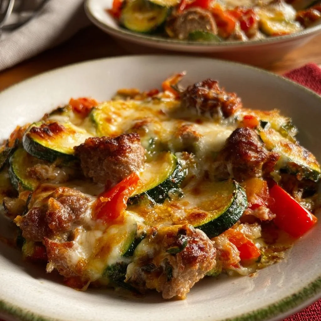 Low carb zucchini and sausage casserole ready to serve in a baking dish