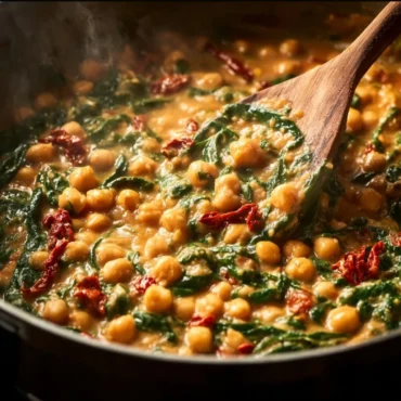 A plate of Marry Me Chickpeas garnished with herbs and spices.