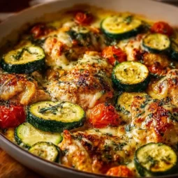 Mediterranean Chicken Zucchini Bake served in a vibrant dish, showcasing fresh ingredients.