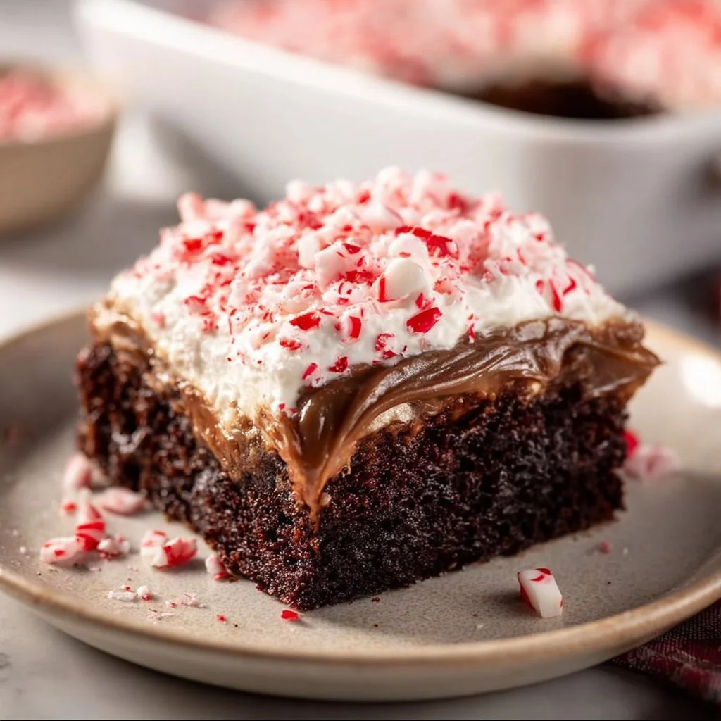 Delicious Peppermint Poke Cake with creamy layers and minty flavor