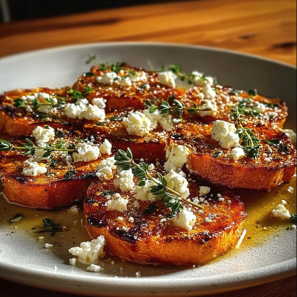Roasted sweet potato rounds topped with honey feta cheese