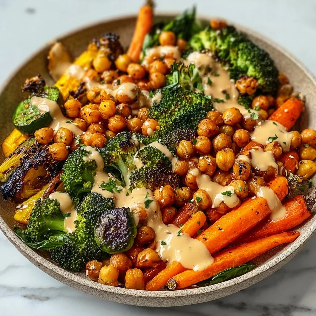 Roasted Veggie Chickpea Bowls with Maple Dijon Tahini Dressing