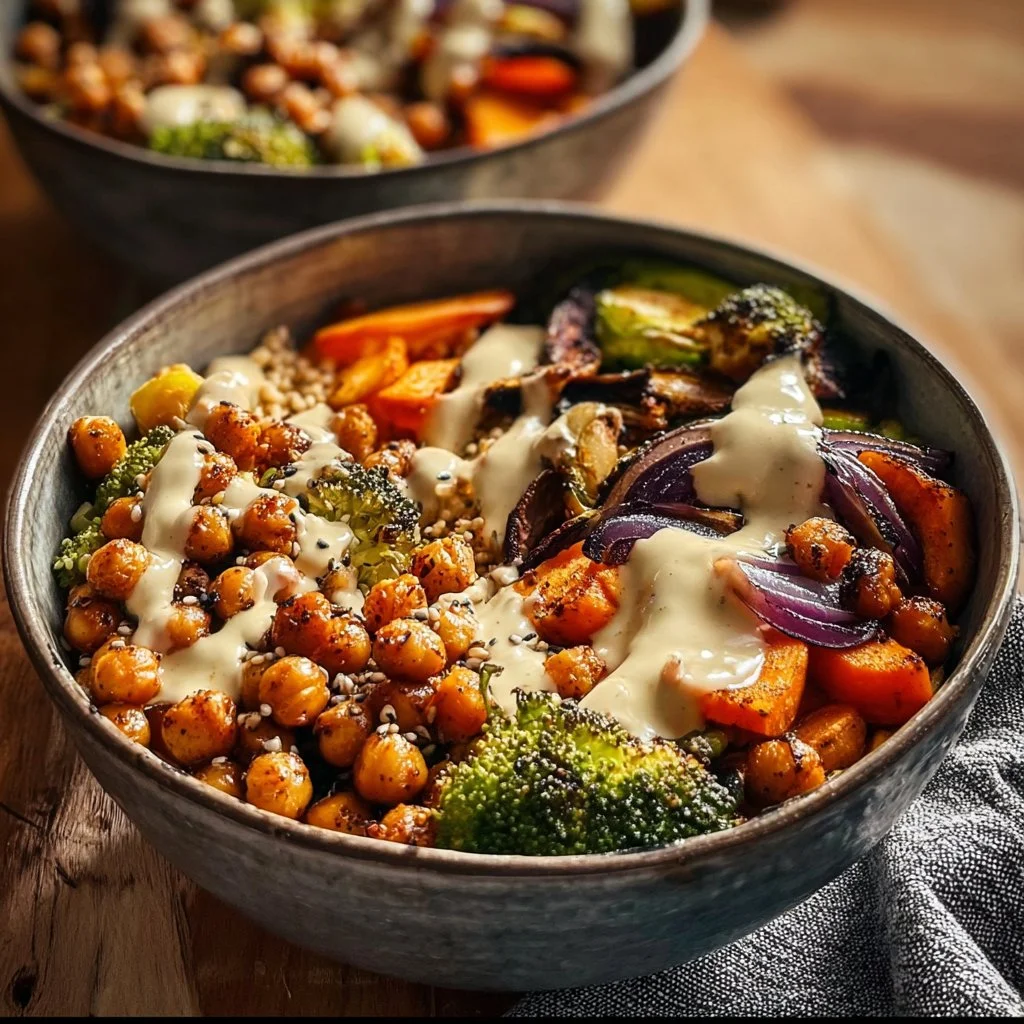 Roasted Veggie Chickpea Bowls with Maple Dijon Tahini Dressing