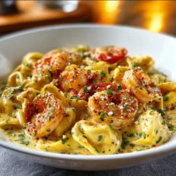 Shrimp tortellini in lemon garlic cream sauce served in a bowl