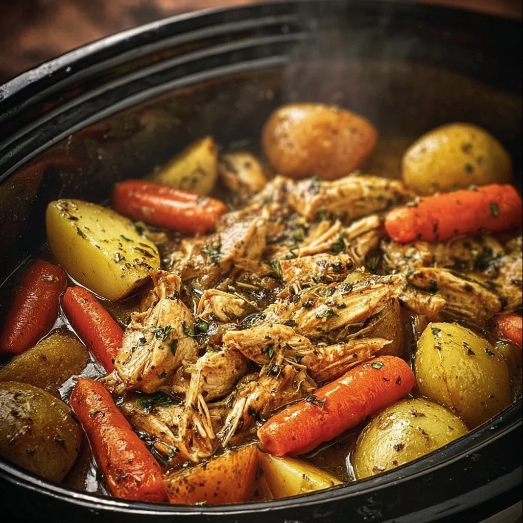 Slow cooker garlic butter chicken with vegetables cooking in a pot