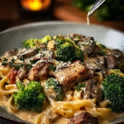 Smoky Parmesan steak linguine topped with broccoli and mushrooms in a bowl