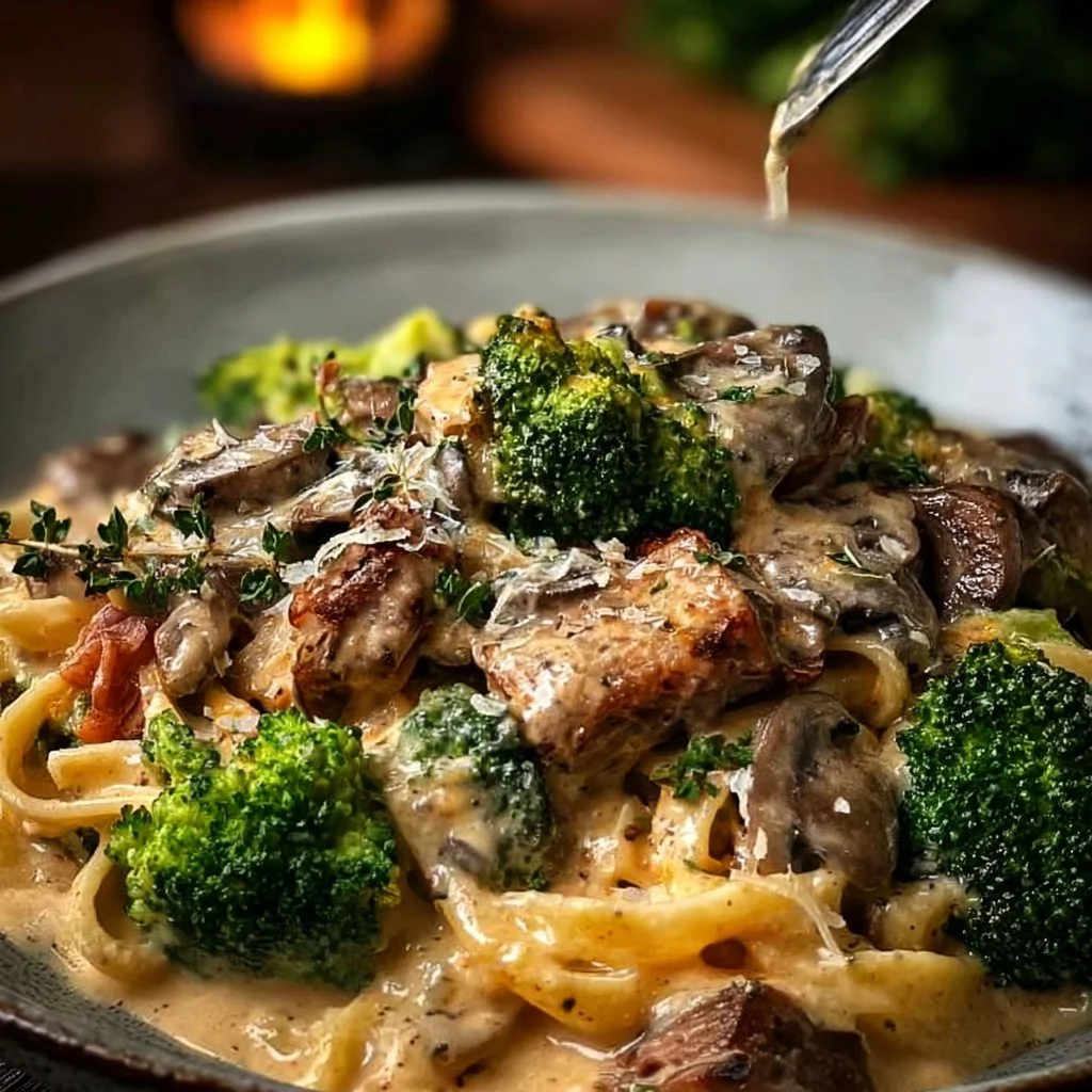 Smoky Parmesan Steak Linguine with Broccoli & Mushrooms