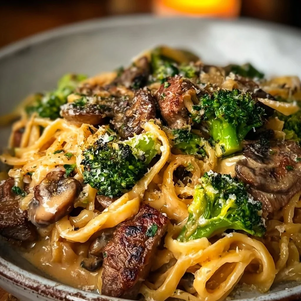 Smoky Parmesan Steak Linguine with Broccoli & Mushrooms