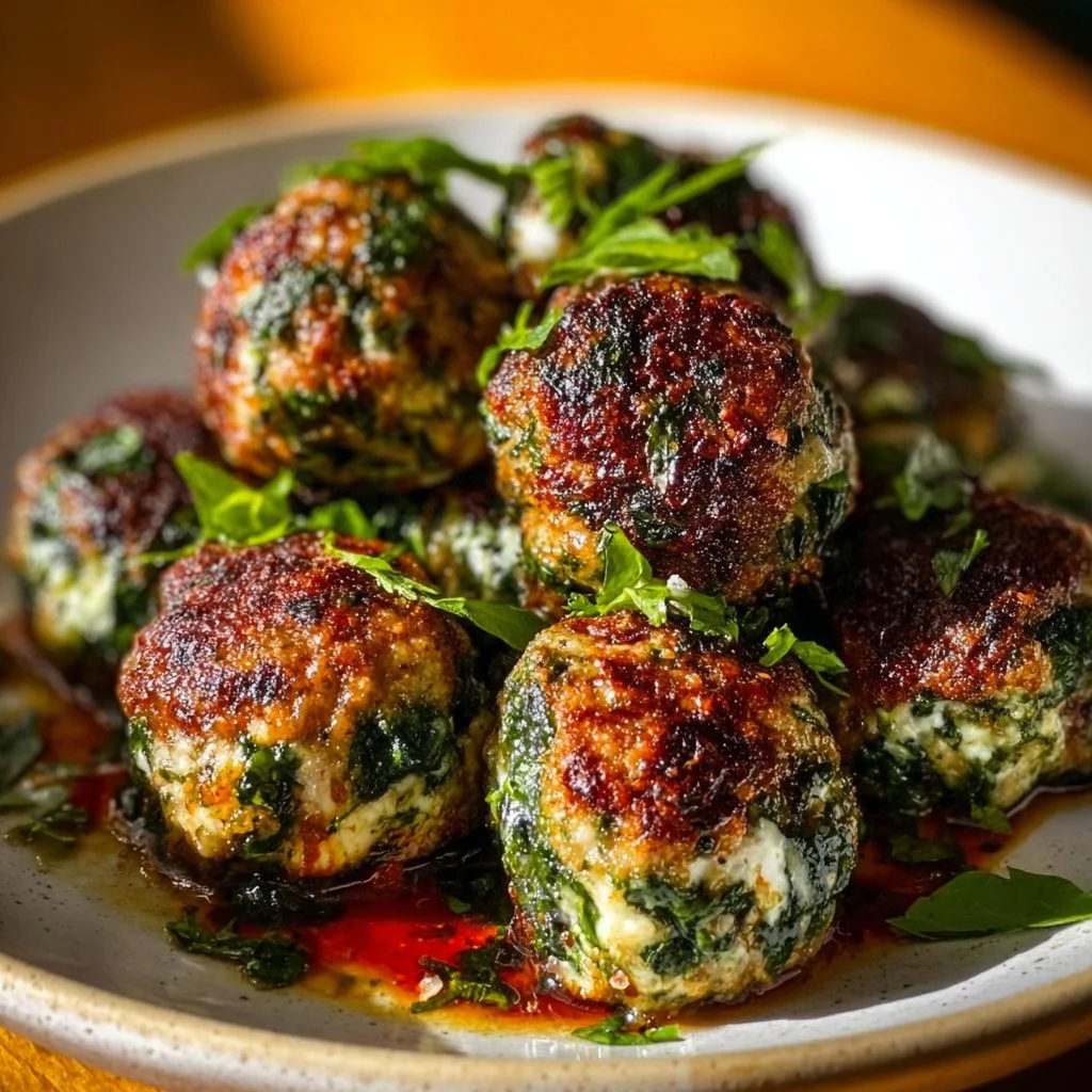 Spinach Garlic Meatballs 1 Delicious spinach garlic meatballs served on a plate