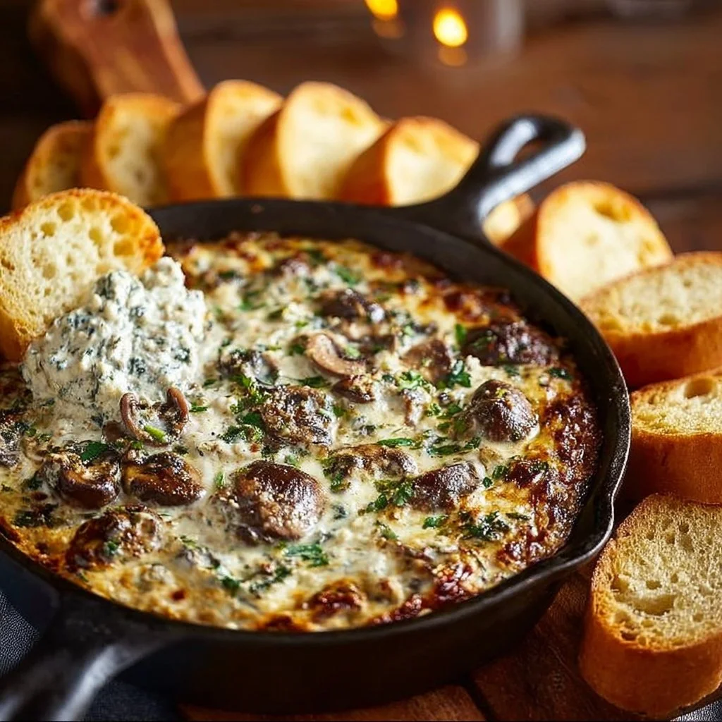 Delicious Stuffed Mushroom Dip served in a baking dish with herbs.