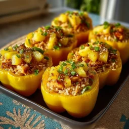 Teriyaki Pineapple Chicken and Rice Stuffed Peppers 3 Teriyaki Chicken and Pineapple Rice Stuffed Peppers served on a plate