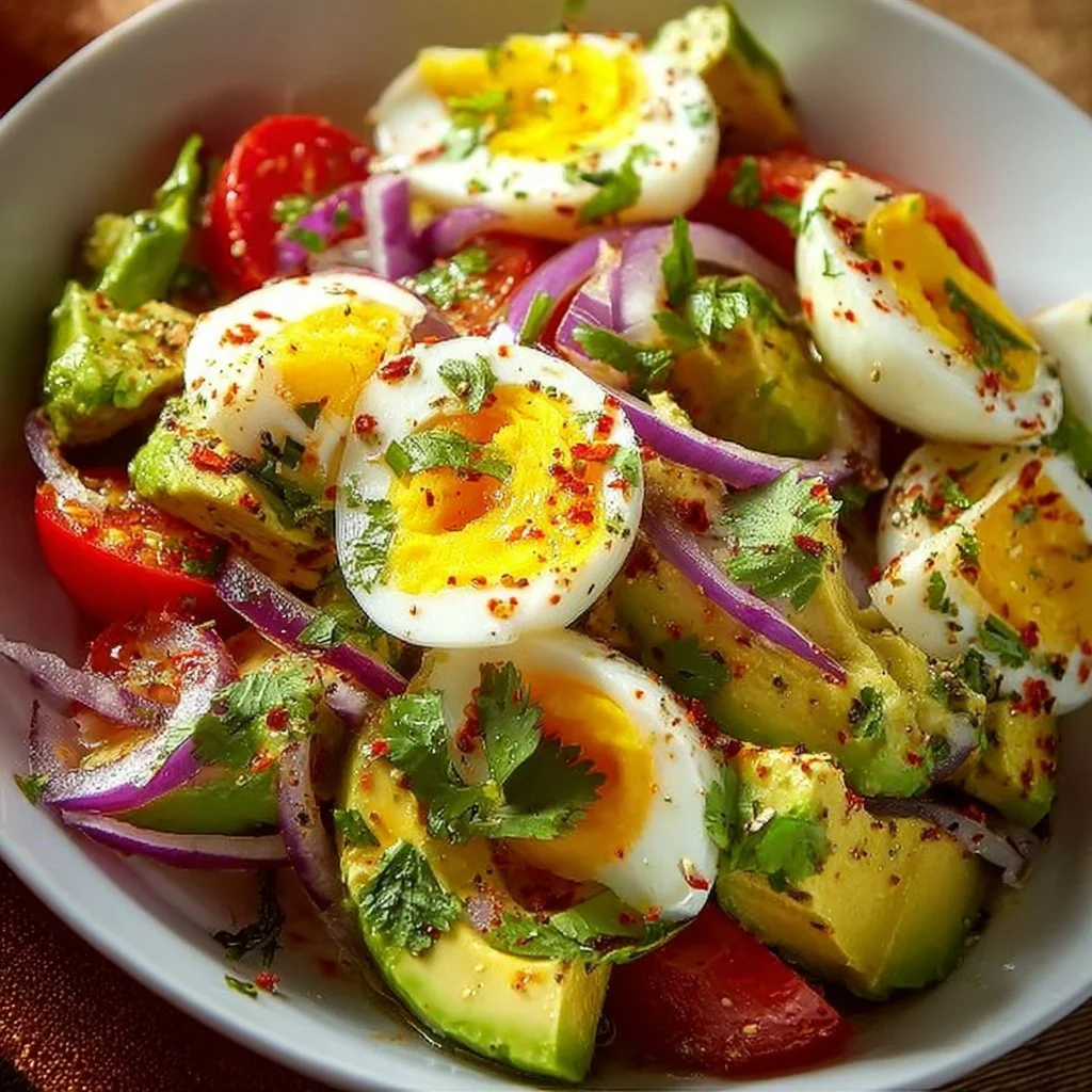 Workout Egg Avocado Salad with eggs, avocado, and fresh vegetables for a nutritious meal.