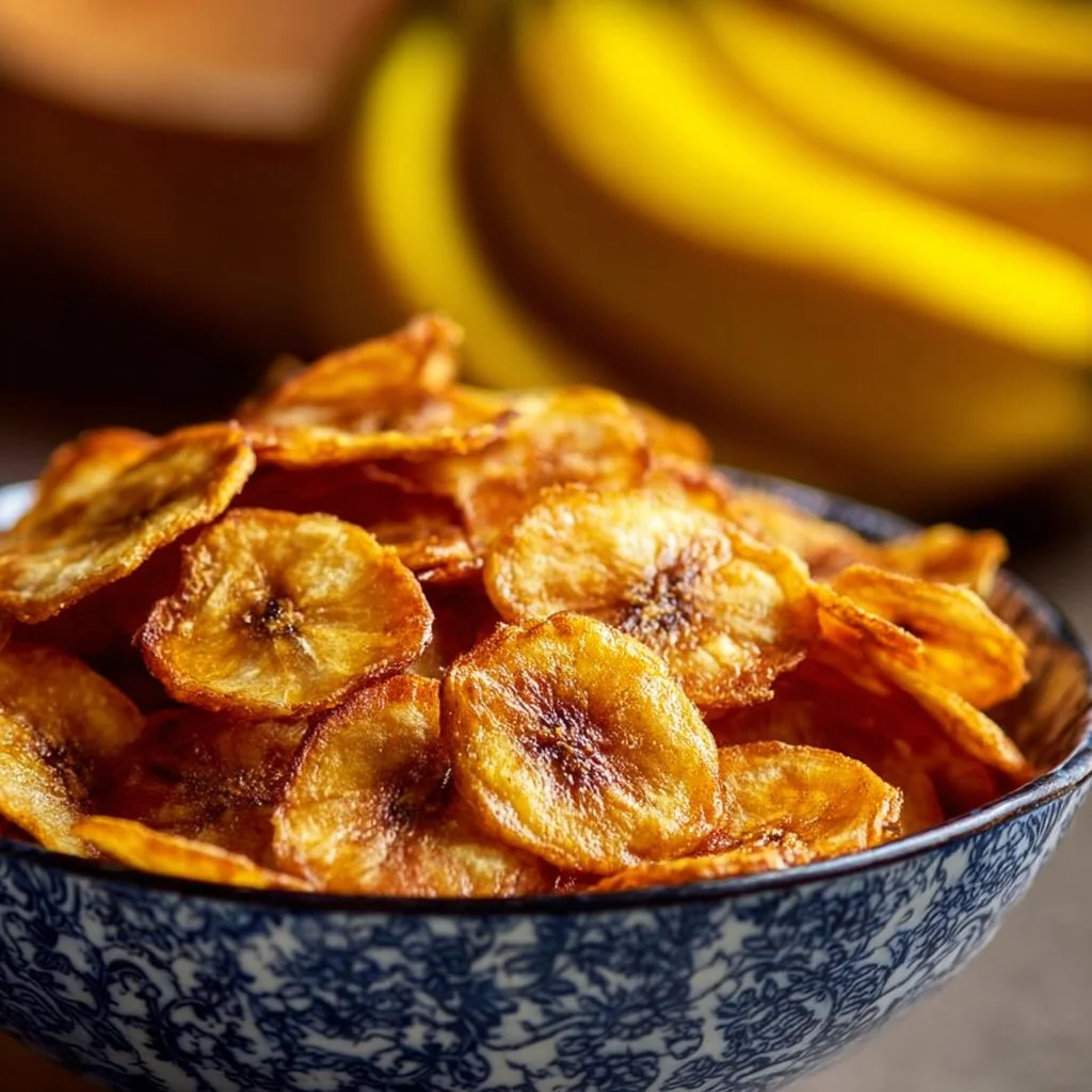 Crispy air fryer banana chips in a healthy snack bowl.