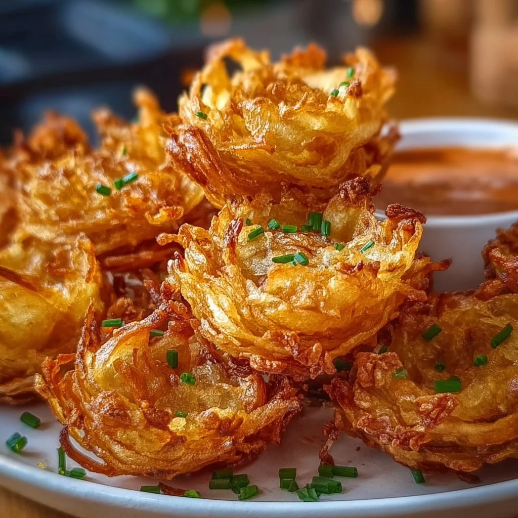 Air Fryer Crispy Mini Blooming Onions for Guilt-Free Snacking 1 Air fryer crispy mini blooming onions served with dipping sauce