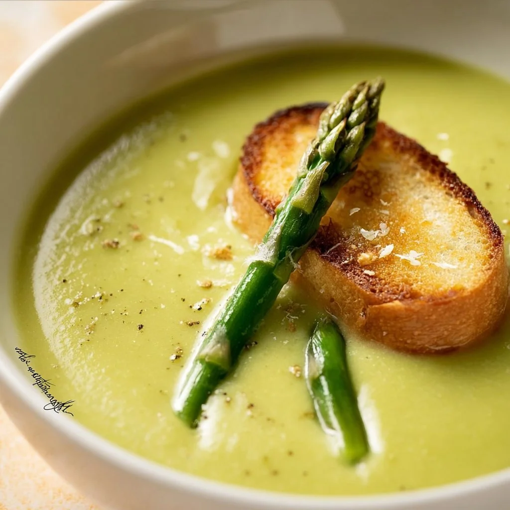 Bowl of creamy asparagus soup garnished with fresh herbs