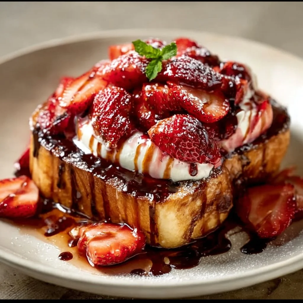 Baked Strawberries and Cream French Toast served with fresh strawberries