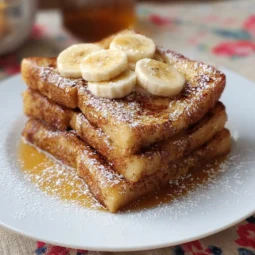 Plate of banana bread French toast topped with fresh fruit and syrup